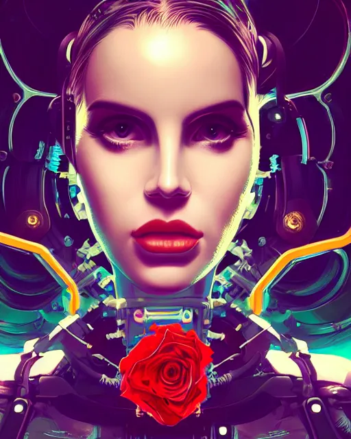 Image similar to portrait of lana del rey as a cyberpunk cyborg. roses sci - fi intricate abstract upper body intricate artwork, roses, rose petals, by tooth wu, wlop, beeple, dan mumford. concept art, octane render, deviantart, greg rutkowski, cinematic arthouse, key art, hyper realism, iridescent accents