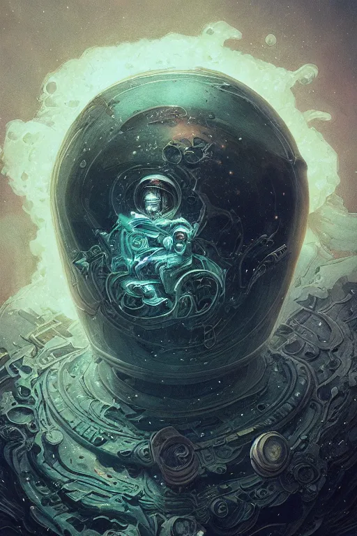 Image similar to close up shot of an astronaut portrait fading into the aether, water elemental, james gurney, peter mohrbacher, mike mignola, black paper, mandelbulb fractal, trending on artstation, exquisite detail perfect, hyper detailed, intricate ink illustration, black background