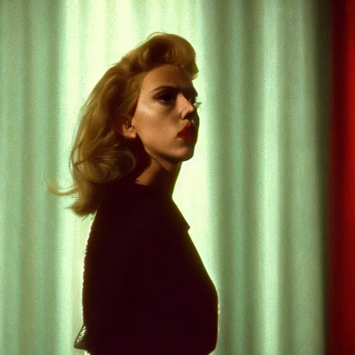 Prompt: a still of Scarlett Johansson in the black lodge in Twin Peaks (1990)