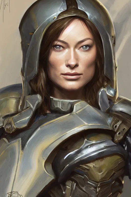 Image similar to a professional painting of a young Olivia Wilde, clothes in military armor, olive skin, long dark hair, beautiful bone structure, symmetrical facial features, intricate, elegant, digital painting, concept art, smooth, sharp focus, illustration, from StarCraft by Ruan Jia and Mandy Jurgens and Artgerm and William-Adolphe Bouguerea