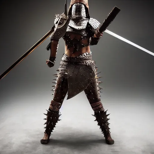 Image similar to full body photo of afemale warrior with spiky armour with a medieval flail, highly detailed, dramatic lighting, cinematic, 4k