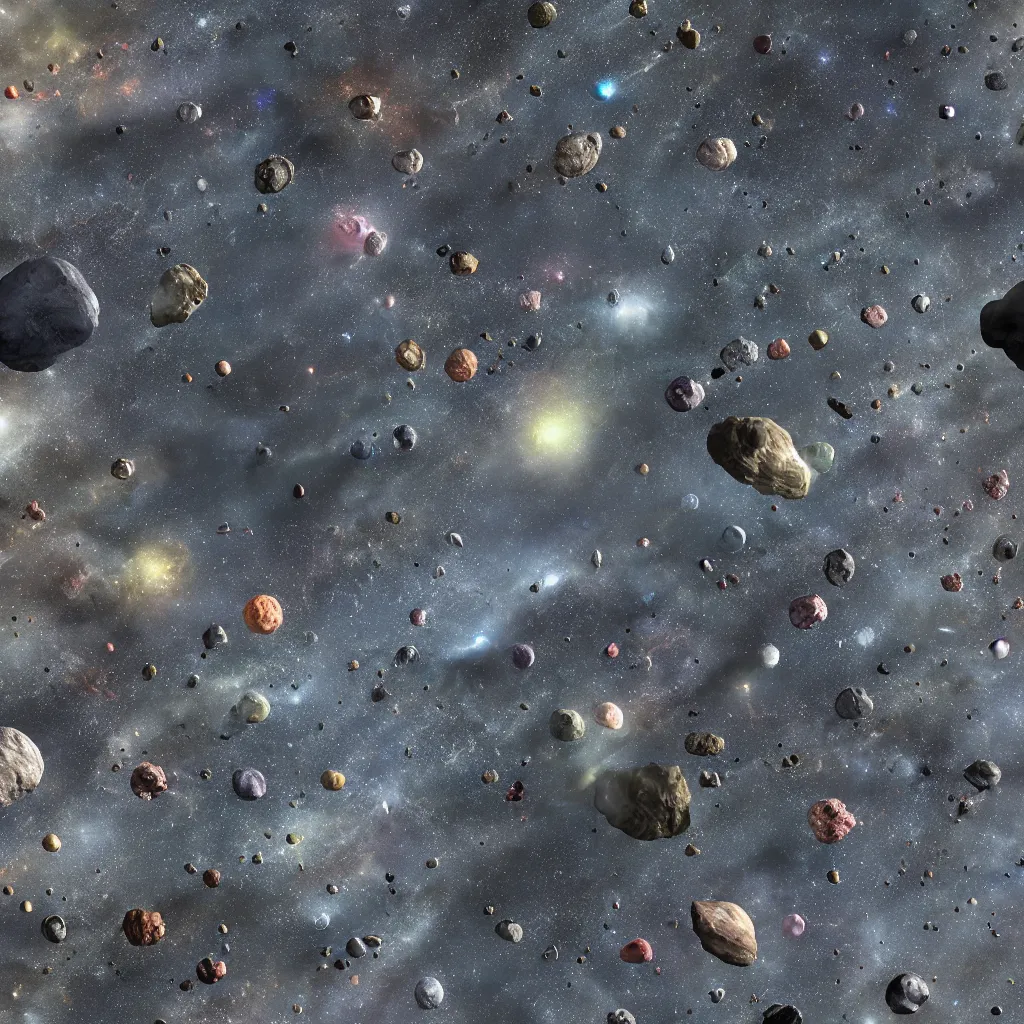 Image similar to galactic space fleet flying safely into an asteroid belt, 8 k resolution