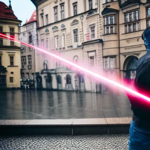 Prompt: a man shooting a laser gun on a rainy day in prague, photography, movie still, dslr 5 5 mm, 4 k