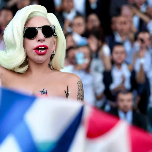 Image similar to Lady Gaga as president, Argentina presidential rally, Argentine flags behind, bokeh, giving a speech, detailed face, Argentina