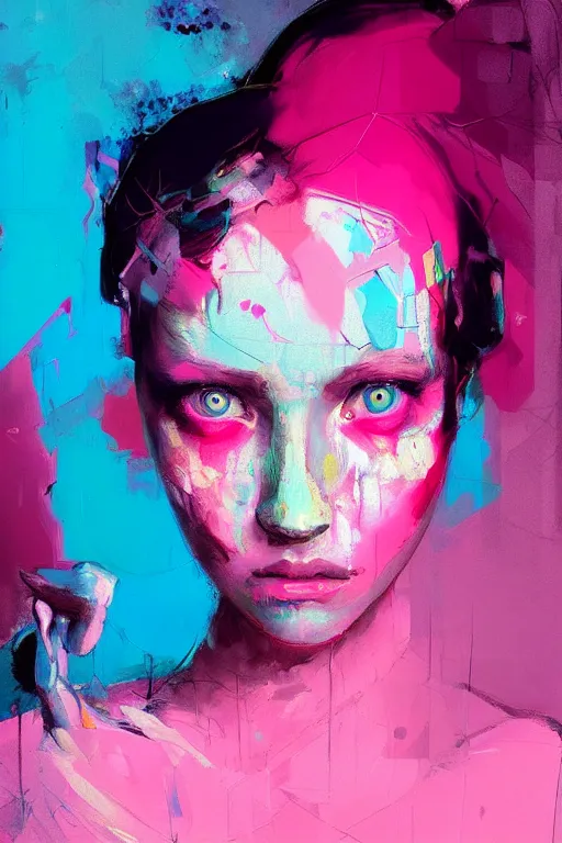 Image similar to portrait of a beautiful girl living in a postapoliptic forgotten world, her face expresses : sadness, and death, in the colors hot pink and cyan, beautiful face, rule of thirds, complex outfit, spotlight, by greg rutkowski, by jeremy mann, by francoise nielly, by van gogh, digital painting