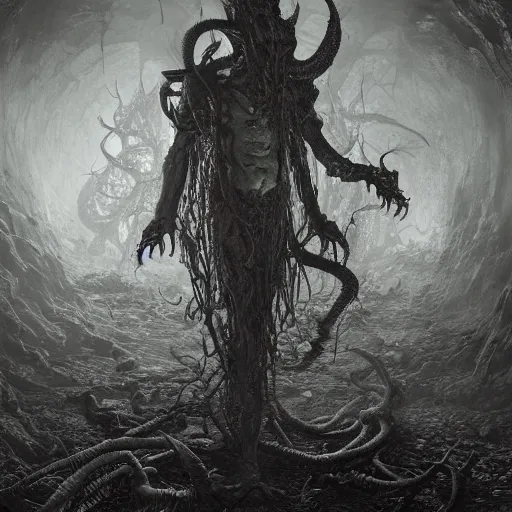 Image similar to photorealistic rendering of eldritch demon from resident evil 7 in the style of michael whelan and gustave dore. hyperdetailed photorealism by greg rutkowski, 1 0 8 megapixels, cinematic lighting.