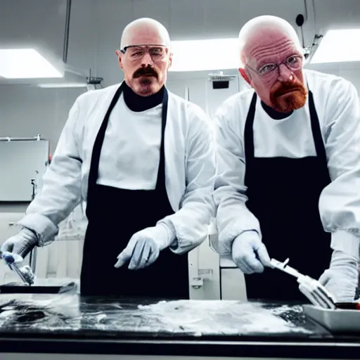 Image similar to elon musk and walter white cooking meth in a laboratory, amazing detail, detailed faces, sharp, 8k