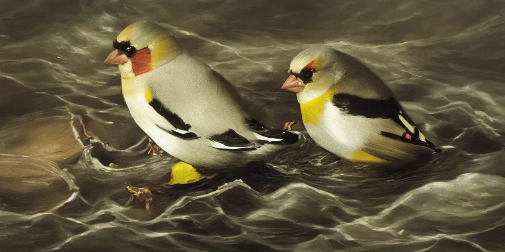 Image similar to painting of a goldfinch drowning in a river of nightmares. by theodore gericault, realistic oil painting, 4 k, studio lightning, award winning, very detailed shadows