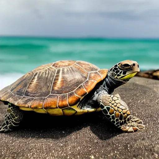 Image similar to a turtle on a rock looking at the sea, macro 8mm photo, the camera is behind the turtle