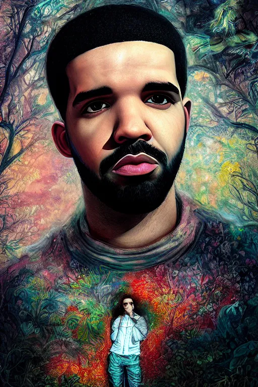 Image similar to portrait of drake by mahmoud farshchian, mia brownell, very detailed, maximalism, ambient occlusion, volumetric light, atmospheric haze, hyper realism, cyberpunk shading, cinematic composition, realistic render, photorealistic, wide shot