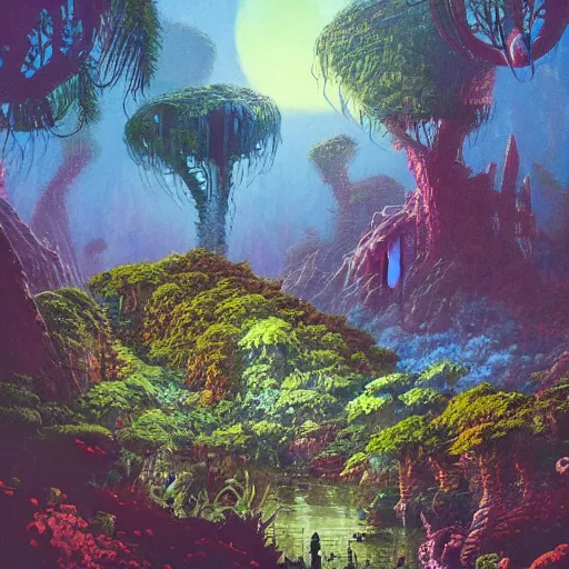 Image similar to detailed illustration of a lush natural scene on an alien planet by paul lehr. beautiful landscape. weird vegetation. cliffs and water.