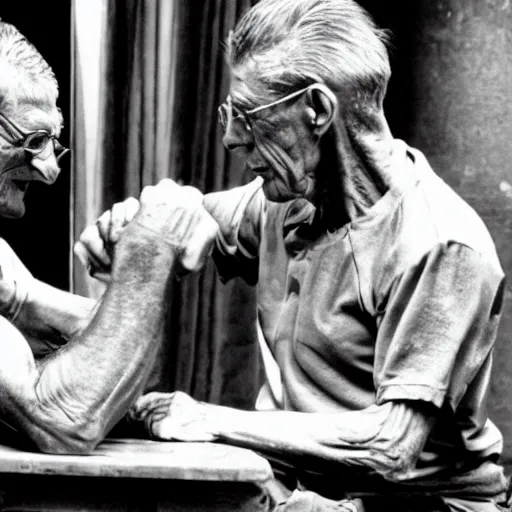 Prompt: James Joyce arm wrestling Samuel Beckett, photorealistic in the style of ansel adams