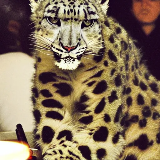 Image similar to Snow leopard smoking a cigar in the club, award winning photo