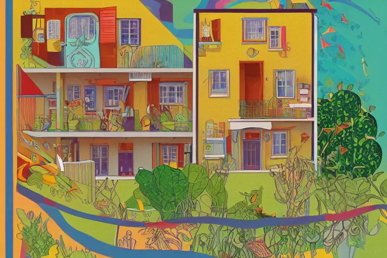 Prompt: a colorful 2 d illustration of a cross section of a house, a storybook illustration by muti and tim biskup, featured on dribble, arts and crafts movement, behance hd, storybook illustration, dynamic composition