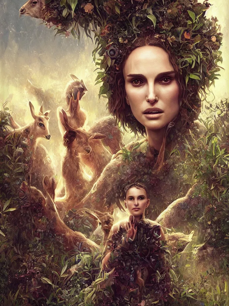 Image similar to a solarpunk portrait of a gorgeous Natalie Portman in the movie Annihilation, with deer and rabbits, award-winning, masterpiece, in the style of Tom Bagshaw, Cedric Peyravernay, Peter Mohrbacher