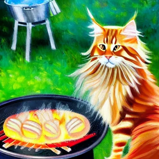 Image similar to beautiful impressionist painting of an ginger maine coon with a white beard cooking a bbq outside