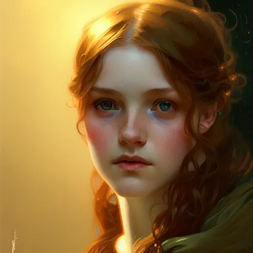 Image similar to portrait of a scottish teenage girl with dark blonde hair, glowing skin, intelligent face, fantasy, intricate, elegant, dress shirt, highly detailed, digital painting, artstation, concept art, smooth, sharp focus, illustration, art by Krenz Cushart and Artem Demura and alphonse mucha