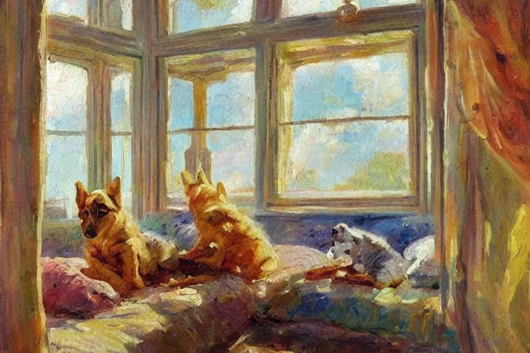 Prompt: impressionist oil painting with broad pallet knife, luminous muted colors, a bay window with comfy cushions, side view. a child reads a book, a german shepherd puppy sleeps next to the child. the room is dim with sun from the window highlighting the child.