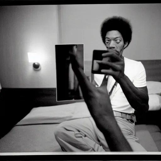 Image similar to film photo of jimmy hendrix taking a self portrait in a hotel room mirror, old photo, disposable camera