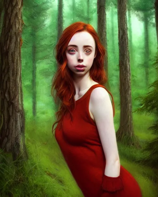 Image similar to realistic character concept, gorgeous Kacey Rohl, red hair, small freckles, symmetrical face, symmetrical eyes, green dress, forest, trees, shorter neck, cinematic lighting, artgerm, Joshua Middleton, Adreas Rocha, beautiful