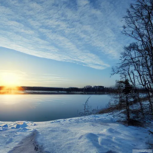 Prompt: High quality photo of sun setting over the frozen lake in winter surrounded by nature, 4k highly detailed, artstation