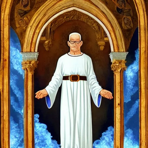 Image similar to hank hill in a white tshirt as the saint of propane surrounded by blue fire, renaissance religious painting, painting by carlo crivelli, late gothic religious paintings, byzantine religious art, trending on artstation