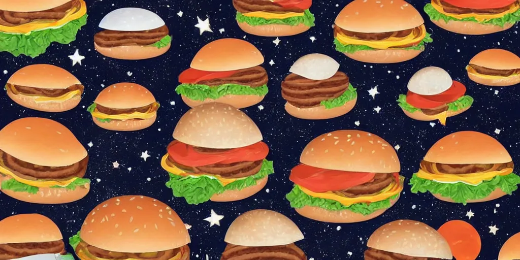 Prompt: planets made of burgers, galaxy, sun, stars
