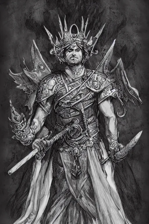 Image similar to mystical prince with bat wings, in a thorned crown, fantasy ink drawing by andrew mar