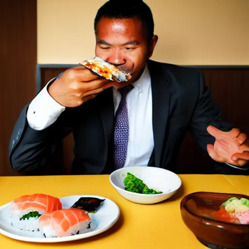 Image similar to photo, papua man in business suit eating sushi