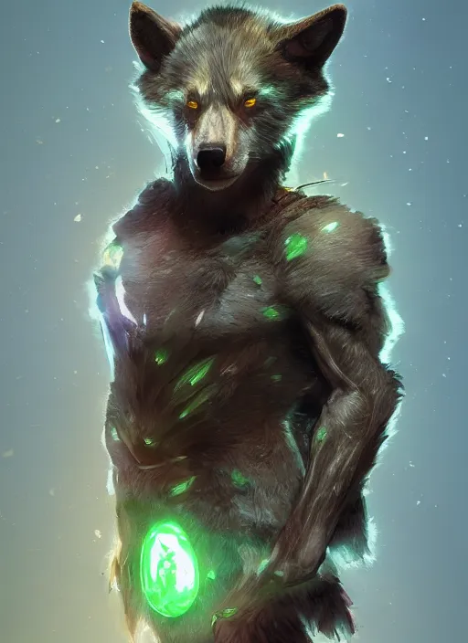 Image similar to green eyed superhero with wolf head and bear body, hyper detailed, digital art, trending in artstation, cinematic lighting, studio quality, smooth render, unreal engine 5 rendered, octane rendered, art style by klimt and nixeu and ian sprigger and wlop and krenz cushart.