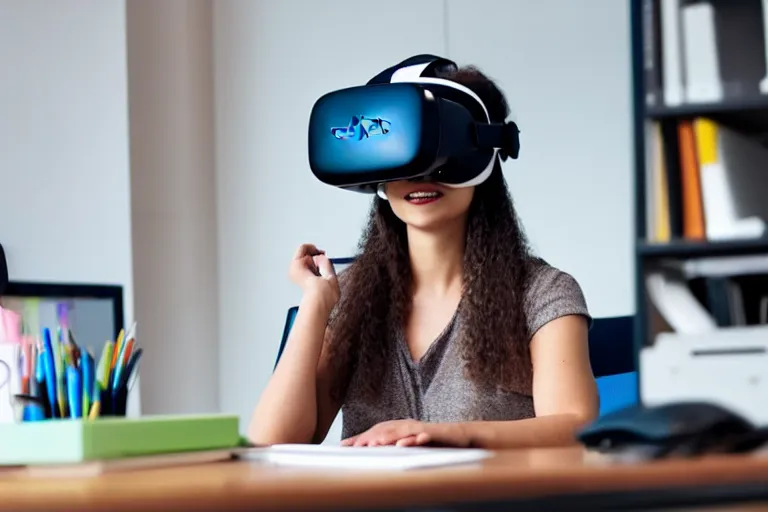 Image similar to A stock photo of a woman sitting at her desk, with a bunch of stuff, wearing a VR-headset, featured on flickr, cluttered