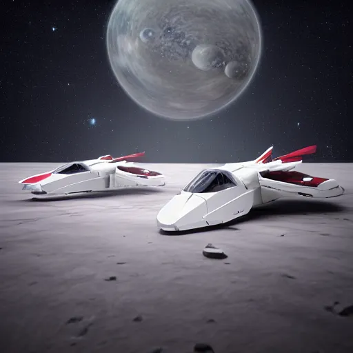 Prompt: two sleek white long intricate spacecraft with red details, no wings, highly detailed, photorealistic, cinematic, sci-fi, octane render, background of stars and galaxies