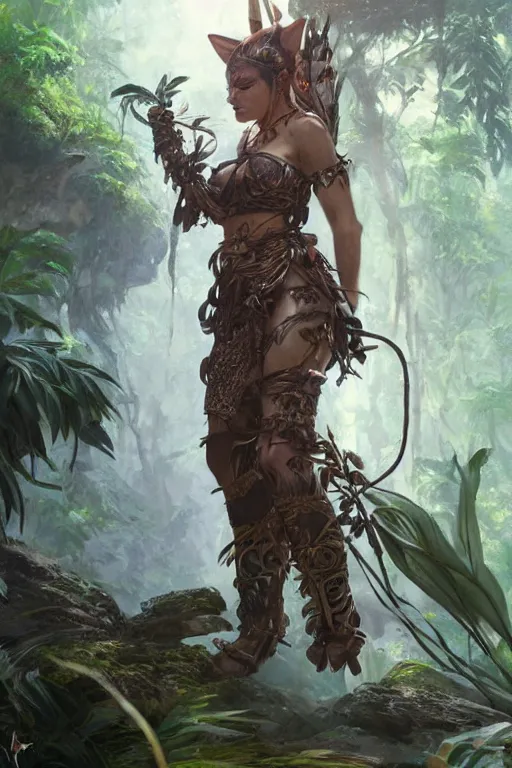 Prompt: warrior neko woman in a jungle with cat ears wearing armor, fantasy art, highly detailed character, by yoshitaka amano, by jeremy lipking, by greg rutkowski, illustration, volumetrics, nature, by magali villeneuve