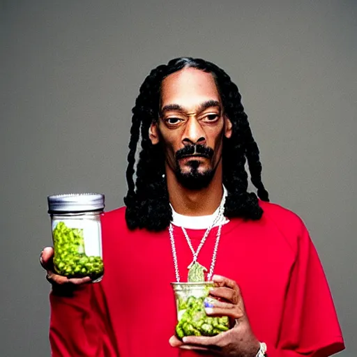 Image similar to Snoop Dogg holding a Jar of pickles for a 1990s sitcom tv show, Studio Photograph, portrait, C 12.0