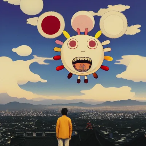 Image similar to a man walking on clouds away from the camera above kyoto by takashi murakami, beeple and james jean, aya takano color style, 4 k, super detailed, modern, 4 k, symmetrical