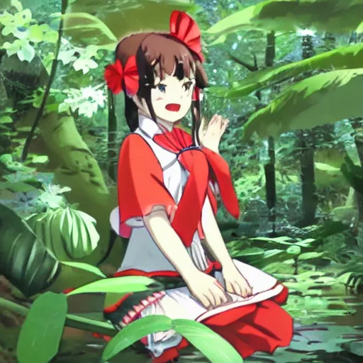 Prompt: a sakuga of reimu in the jungle wearing bonnet