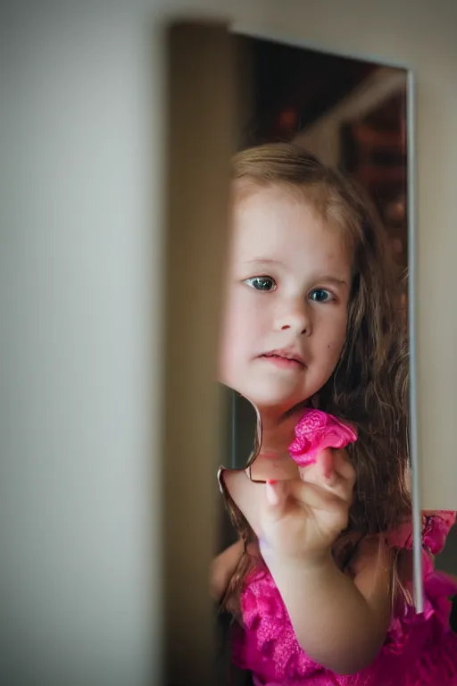 Image similar to little girl looking in a mirror, bokeh, 3 5 mm, beautiful