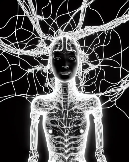 Image similar to black and white cyborg - plant goddess high quality photo, microchip, artificial intelligence, bio - mechanical bio - luminescence, black wired cables, neurons, nerve cells, cinematic, rim light, photo - realistic, elegant, high detail, 8 k, masterpiece, high fashion, in the style of dora maar