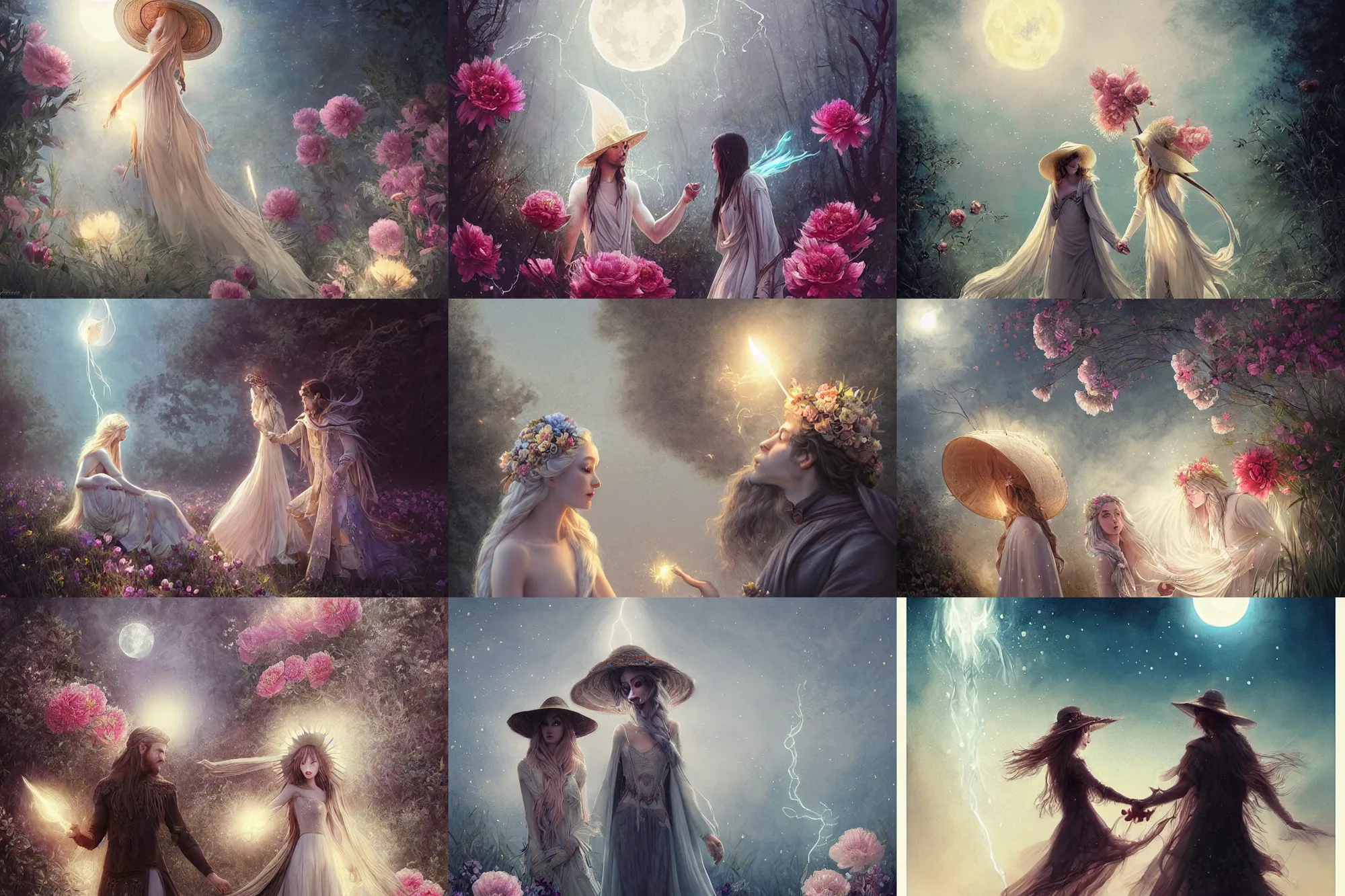 Prompt: a cinematic beautifully shot moment of man and woman moon goddess magician lovers saying goodbye wearing boho sunhat with peonies casting lightening spells, Dreamworks Klaus film, fantasy, intricate, elegant, highly detailed, digital painting, artstation, concept art, smooth, sharp focus, illustration, Frozen II art masterpiece by art by Krenz Cushart and Artem Demura and alphonse mucha, ArtGerm, Jon Lothian, Danilo Torres, Adi Meyers, Thomas Reimann, Gaston Bussiere