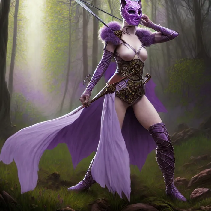 Image similar to masked d & d bard with her lilac leather armor in a forest, volumetric lighting, fantasy, intricate, elegant, highly detailed, lifelike, photorealistic, digital painting, artstation, fox ears illustration, concept art, sharp focus, by john collier and albert aublet and krenz cushart and artem demura and alphonse mucha