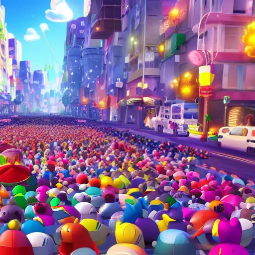 Prompt: beautiful katamari game, disney movie encanto, walking through the city, very busy city, cartoon pixar style, anime volumetric lighting, 3d model pixar render