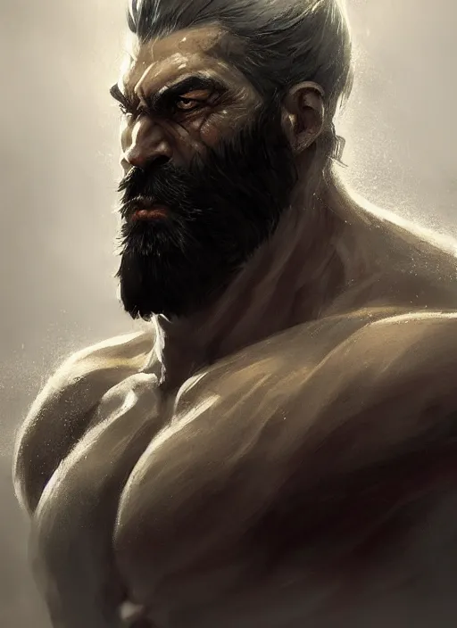 Image similar to Half-body portrait of an old muscular human warrior with dark beard and yellow eyes. In style of Hyung-tae Kim and Greg Rutkowski, concept art, trending on ArtStation, Korean MMORPG, over-detailed art, 8K, epic, dynamic lightning, dramatic pose.