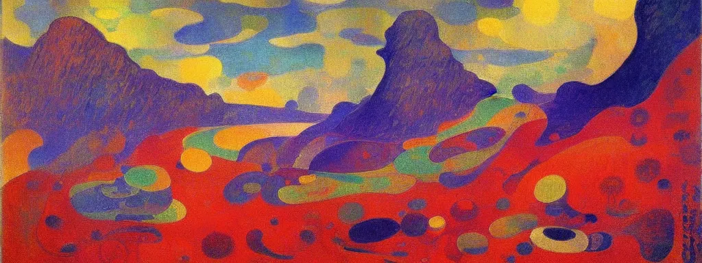 Image similar to An insane, modernist landscape painting. Wild energy patterns rippling in all directions. Curves, organic, zig-zags. Mountains, clouds. Rushing water. Waves. Psychedelic dream world. Odilon Redon. Andre Derain.