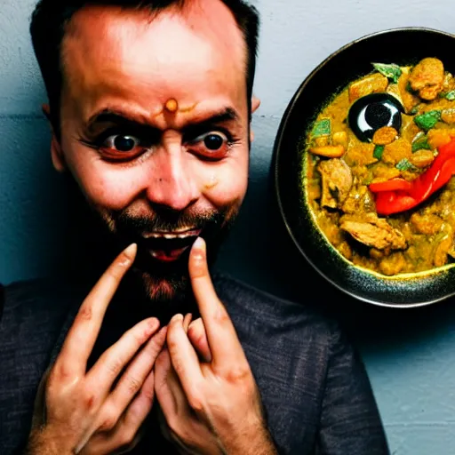 Image similar to photo of a man with three eyes ecstatically eating a bowl of indian frog curry. third eye forehead weeping with joy, hands raised