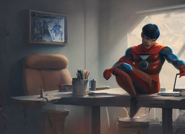 Image similar to an insanely detailed painting of an asian man wearing a homemade superhero costume, sitting at a desk, staring at the nervously at the computer and typing, in the style of peter mohrbacher, dramatic lighting and composition, surreal background, octane render, pixar, trending on artstation, concept art, comic book, view from behind