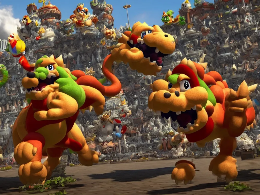 Image similar to Bowser roaring into the sky, standing upright, talons, horns, super Mario, highly detailed, unreal 5, moody atmosphere