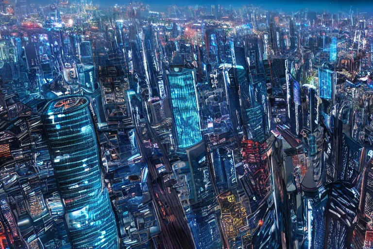 Prompt: view of the cyberpunk city from the 127th floor of the skyscraper, hd, render 8k ,ultra-detailed, hyperrealism, dynamic lighting, realistic photo