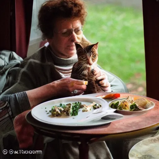 Prompt: dinner for one, but it is with cats, 5 5 mm