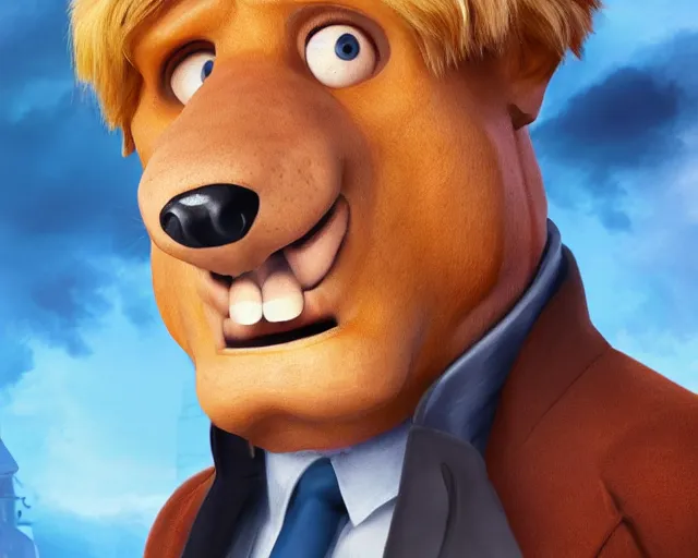 Image similar to boris johnson as scooby doo, character art, by various concept artists, redshift render, hyperrealistic face, photorealistic render