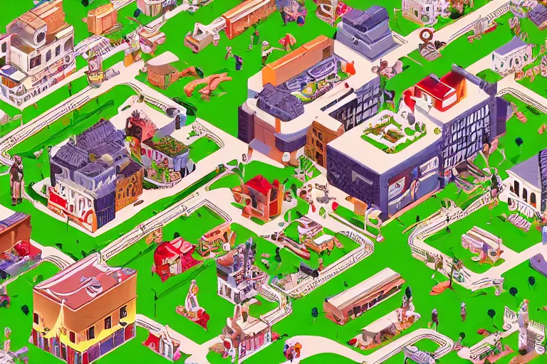 Prompt: isometric intricate complex wimmelbild illustration of weird dreamworld trending on artstation